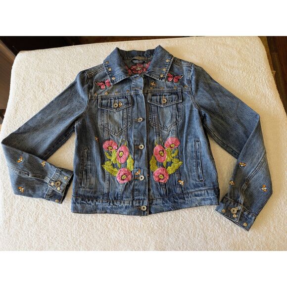 Bagatelle Embroidered Floral Butterfly Bee Trucker Denim Jacket   Sz M - Picture 4 of 10